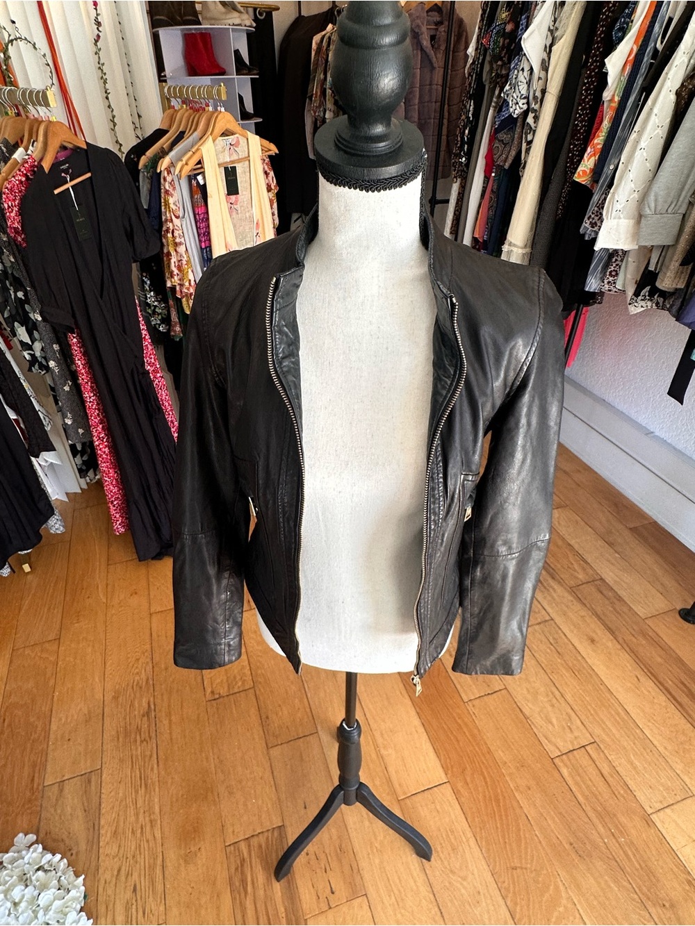 Massimo Dutti Black Leather Band Collar Moto Jacket